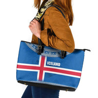 Iceland Flag Leather Tote Bag with Icelandic Crest and Traditional Nordic Knit Pattern Design