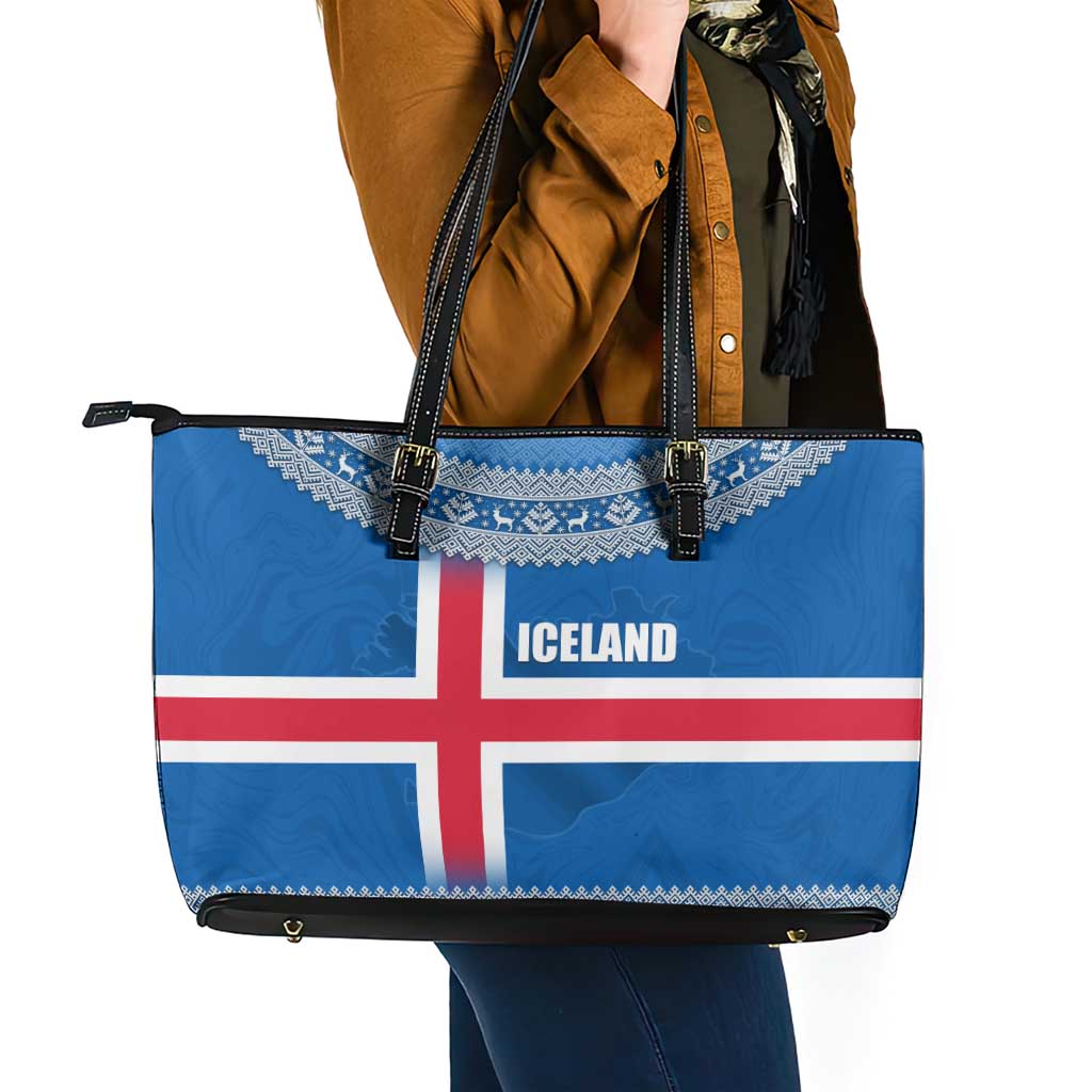 Iceland Flag Leather Tote Bag with Icelandic Crest and Traditional Nordic Knit Pattern Design
