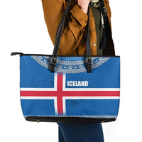 Iceland Flag Leather Tote Bag with Icelandic Crest and Traditional Nordic Knit Pattern Design