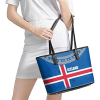 Iceland Flag Leather Tote Bag with Icelandic Crest and Traditional Nordic Knit Pattern Design