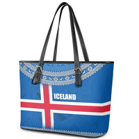 Iceland Flag Leather Tote Bag with Icelandic Crest and Traditional Nordic Knit Pattern Design