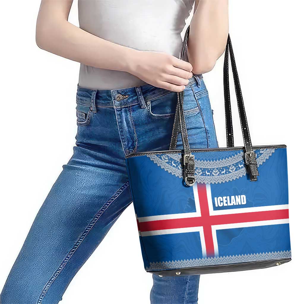 Iceland Flag Leather Tote Bag with Icelandic Crest and Traditional Nordic Knit Pattern Design