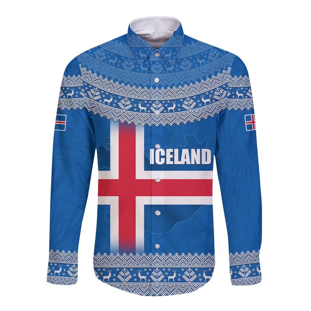 Iceland Flag Long Sleeve Button Shirt with Icelandic Crest and Traditional Nordic Knit Pattern Design