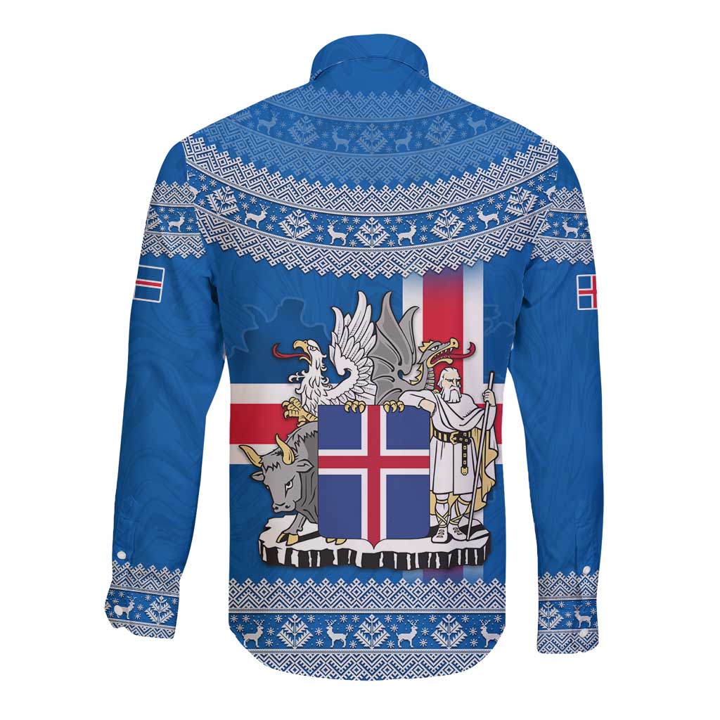 Iceland Flag Long Sleeve Button Shirt with Icelandic Crest and Traditional Nordic Knit Pattern Design