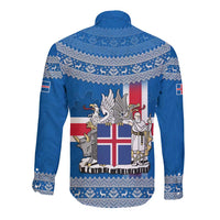 Iceland Flag Long Sleeve Button Shirt with Icelandic Crest and Traditional Nordic Knit Pattern Design