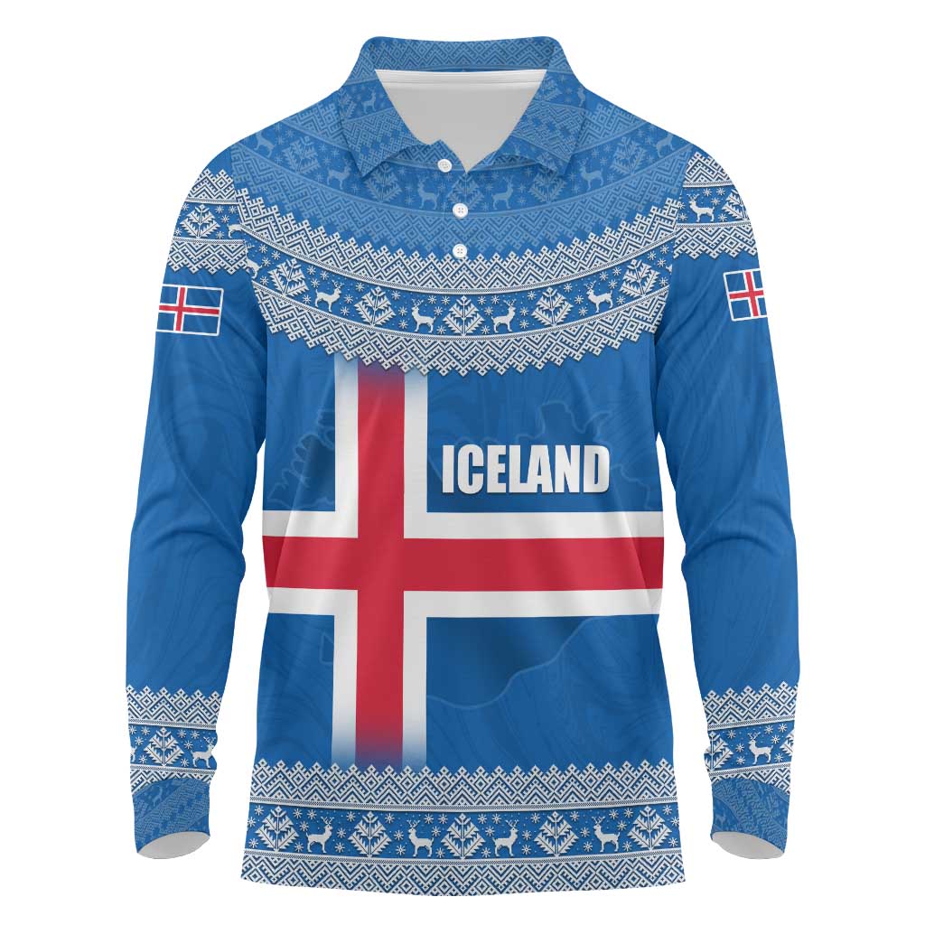 Iceland Flag Long Sleeve Polo Shirt with Icelandic Crest and Traditional Nordic Knit Pattern Design