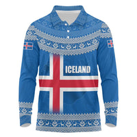 Iceland Flag Long Sleeve Polo Shirt with Icelandic Crest and Traditional Nordic Knit Pattern Design