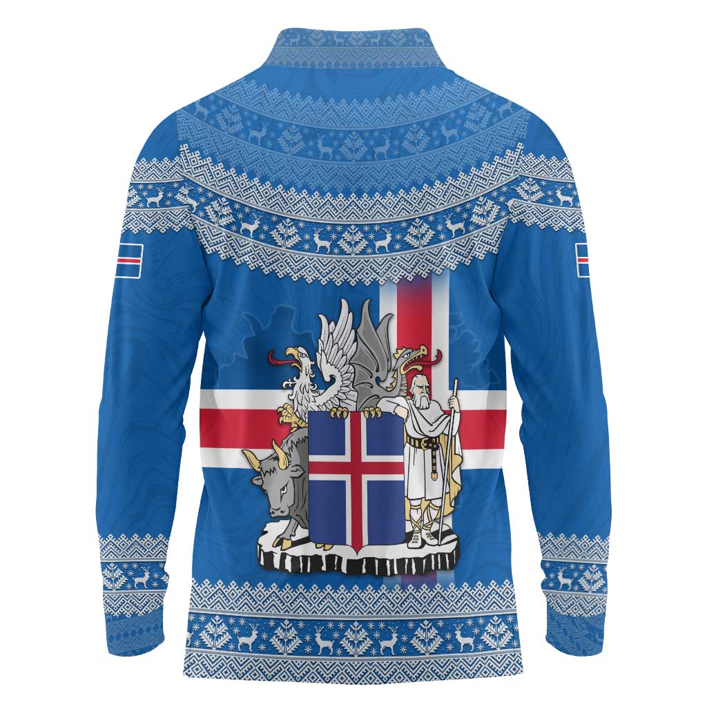 Iceland Flag Long Sleeve Polo Shirt with Icelandic Crest and Traditional Nordic Knit Pattern Design