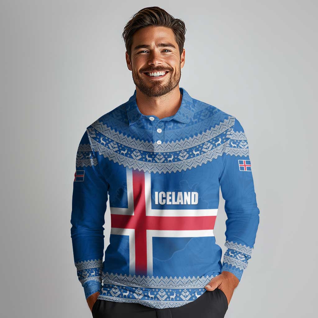 Iceland Flag Long Sleeve Polo Shirt with Icelandic Crest and Traditional Nordic Knit Pattern Design