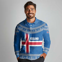 Iceland Flag Long Sleeve Polo Shirt with Icelandic Crest and Traditional Nordic Knit Pattern Design