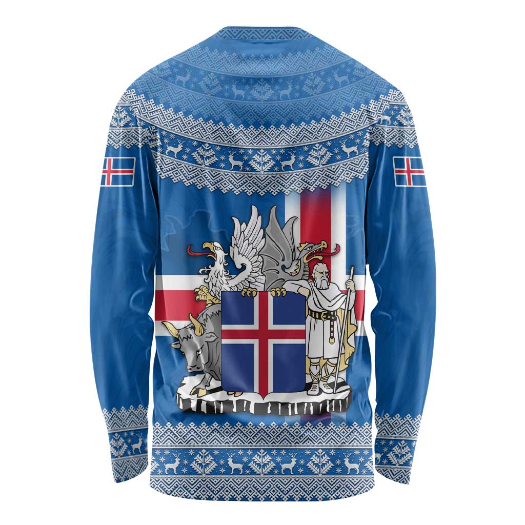 Iceland Flag Long Sleeve Shirt with Icelandic Crest and Traditional Nordic Knit Pattern Design