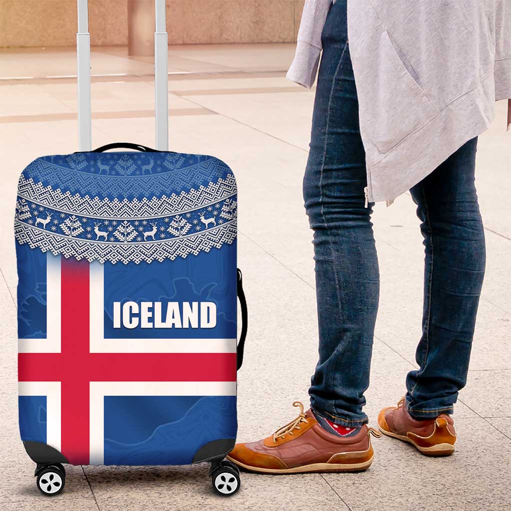 Iceland Flag Luggage Cover with Icelandic Crest and Traditional Nordic Knit Pattern Design