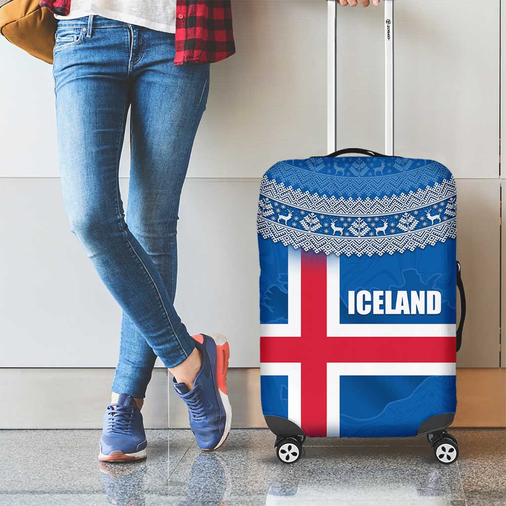 Iceland Flag Luggage Cover with Icelandic Crest and Traditional Nordic Knit Pattern Design