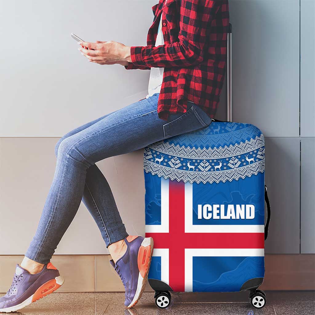 Iceland Flag Luggage Cover with Icelandic Crest and Traditional Nordic Knit Pattern Design