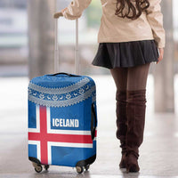 Iceland Flag Luggage Cover with Icelandic Crest and Traditional Nordic Knit Pattern Design