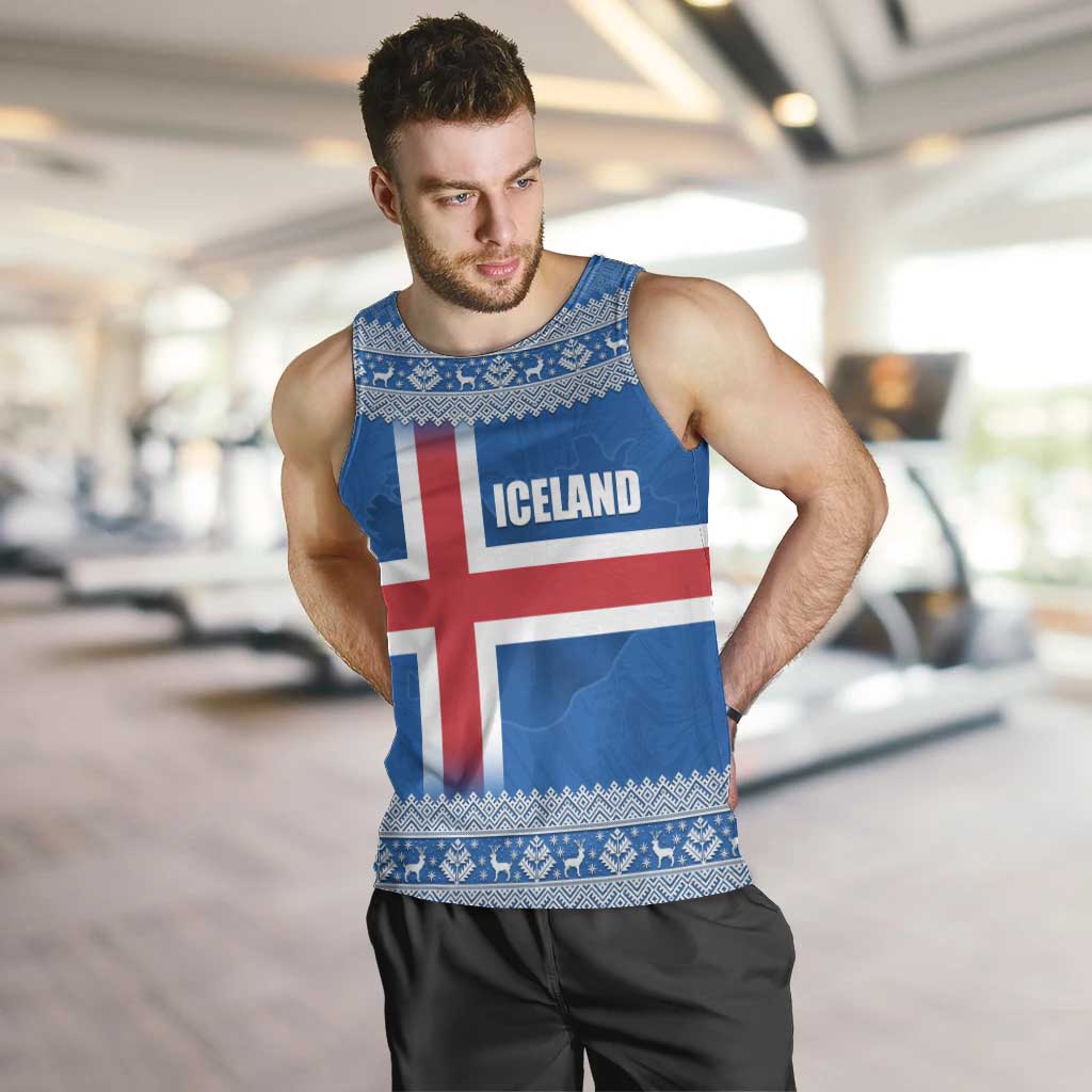 Iceland Flag Men Tank Top with Icelandic Crest and Traditional Nordic Knit Pattern Design