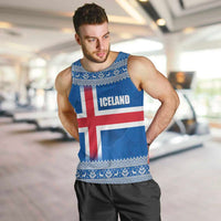 Iceland Flag Men Tank Top with Icelandic Crest and Traditional Nordic Knit Pattern Design