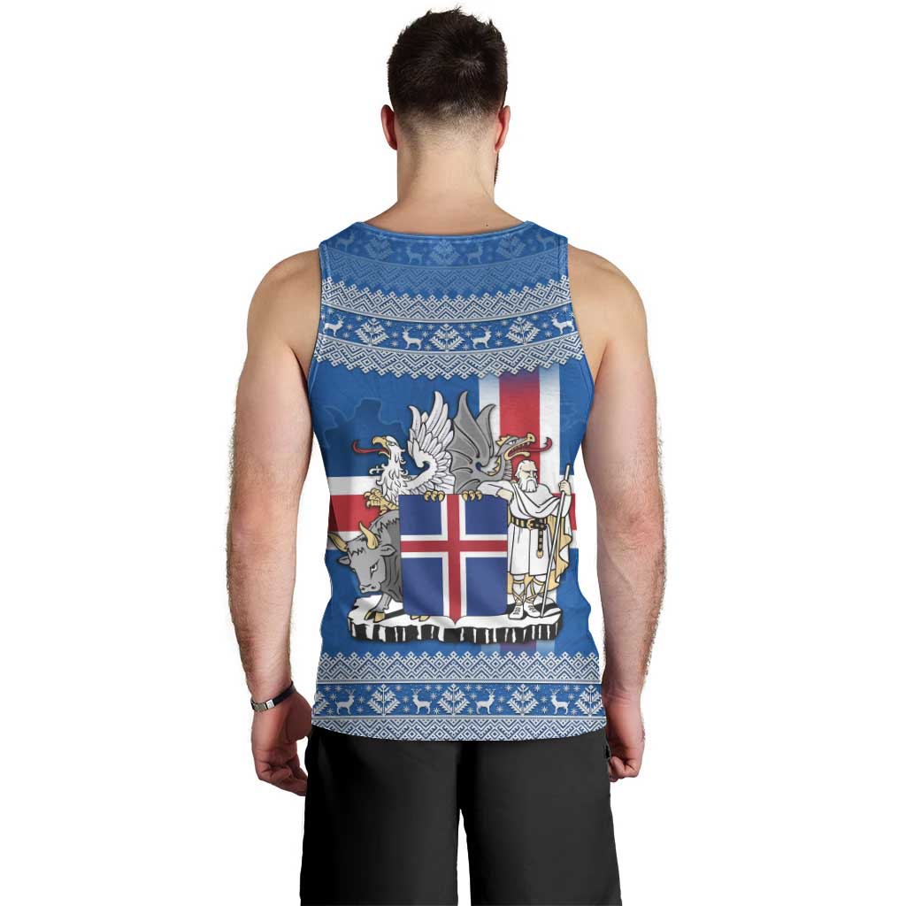 Iceland Flag Men Tank Top with Icelandic Crest and Traditional Nordic Knit Pattern Design