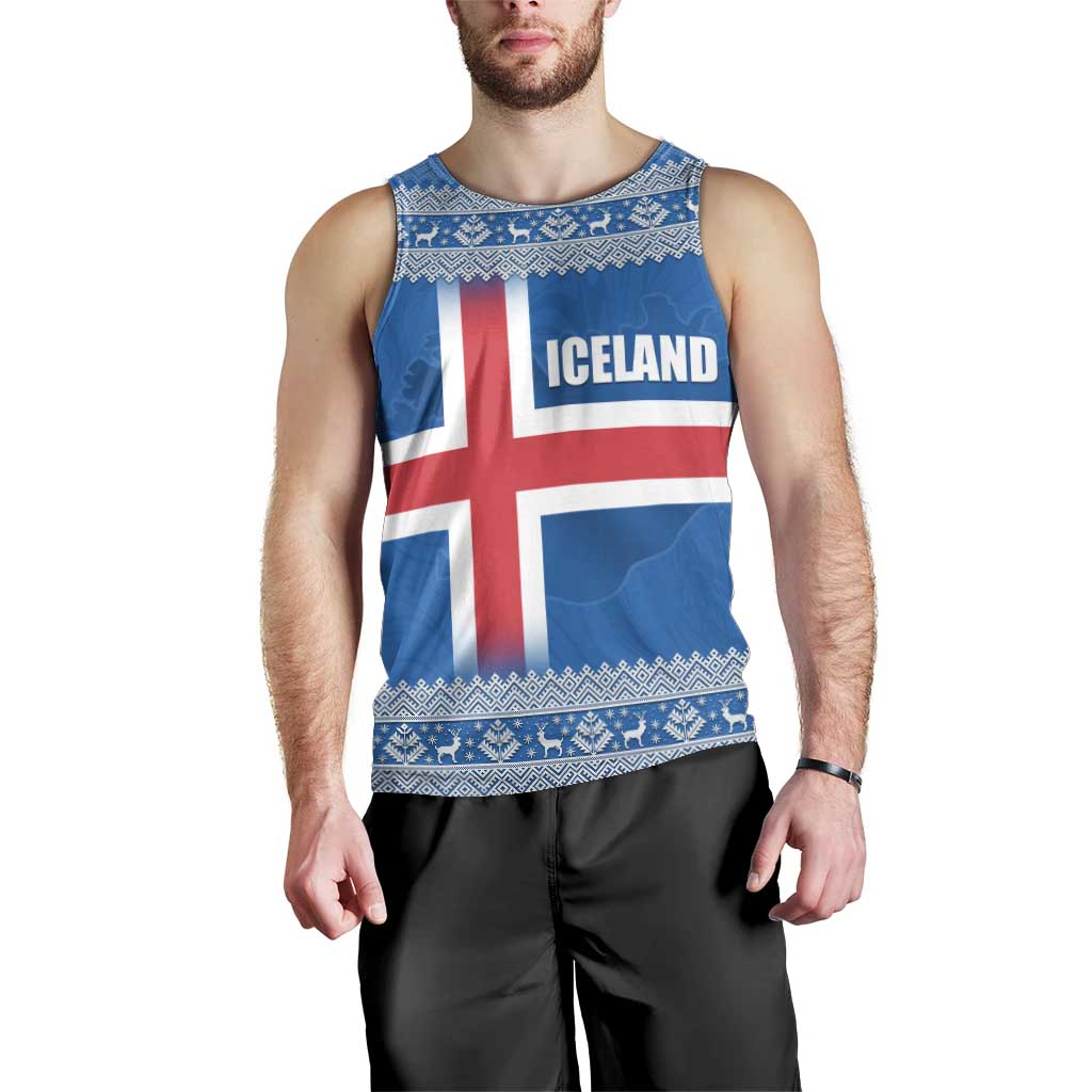 Iceland Flag Men Tank Top with Icelandic Crest and Traditional Nordic Knit Pattern Design