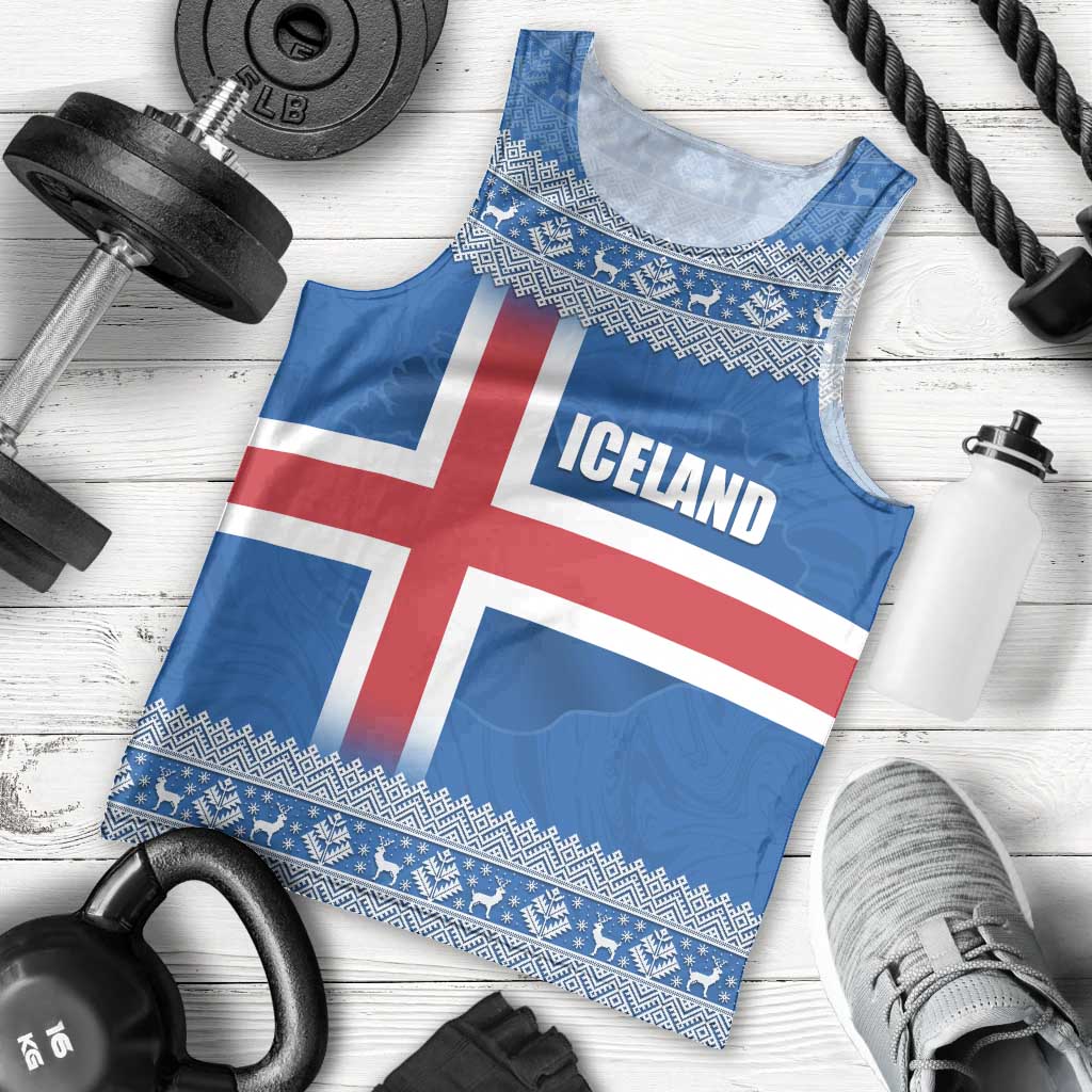 Iceland Flag Men Tank Top with Icelandic Crest and Traditional Nordic Knit Pattern Design
