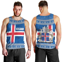 Iceland Flag Men Tank Top with Icelandic Crest and Traditional Nordic Knit Pattern Design