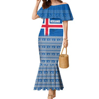 Iceland Flag Mermaid Dress with Icelandic Crest and Traditional Nordic Knit Pattern Design