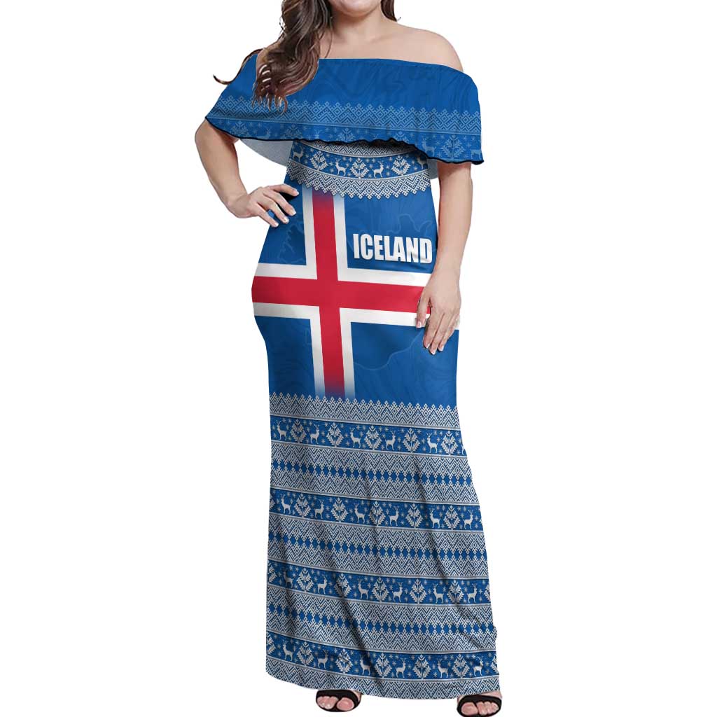 Iceland Flag Off Shoulder Maxi Dress with Icelandic Crest and Traditional Nordic Knit Pattern Design