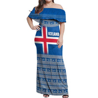 Iceland Flag Off Shoulder Maxi Dress with Icelandic Crest and Traditional Nordic Knit Pattern Design