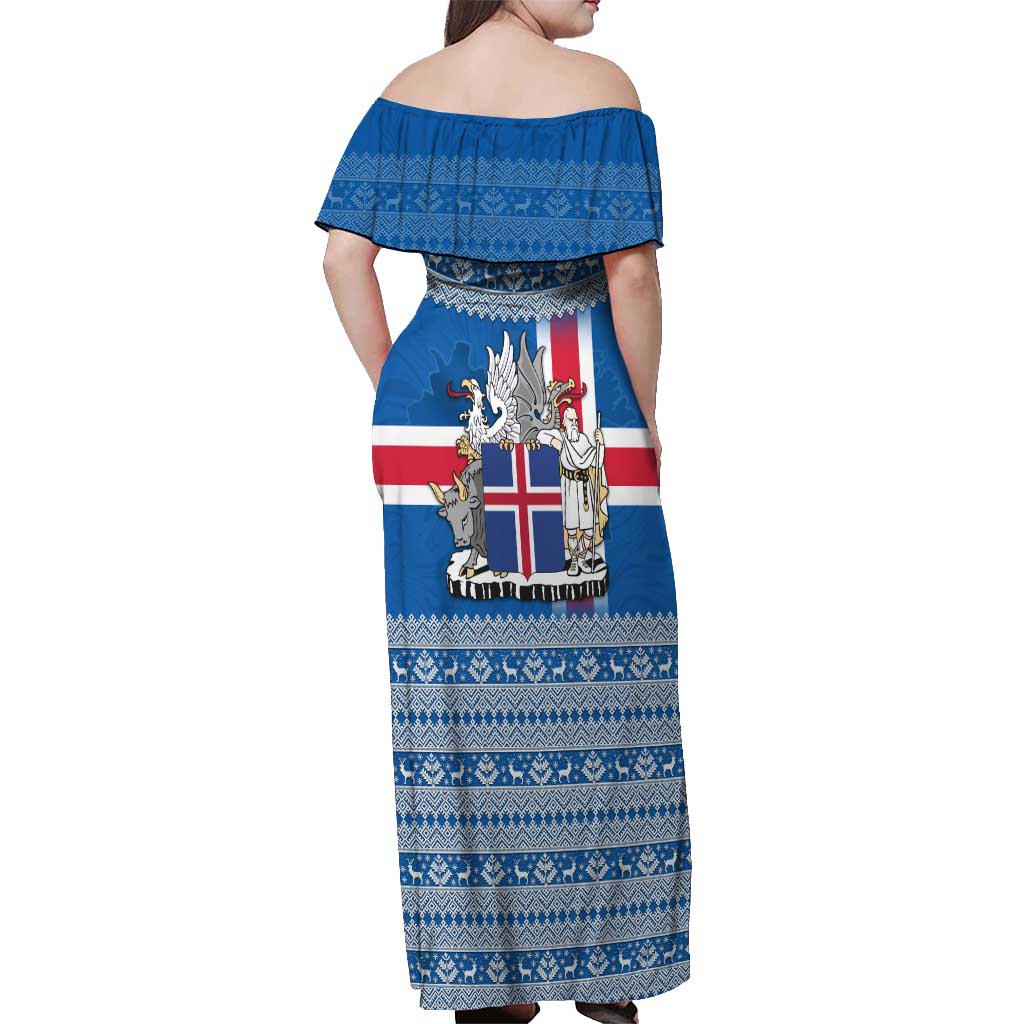 Iceland Flag Off Shoulder Maxi Dress with Icelandic Crest and Traditional Nordic Knit Pattern Design