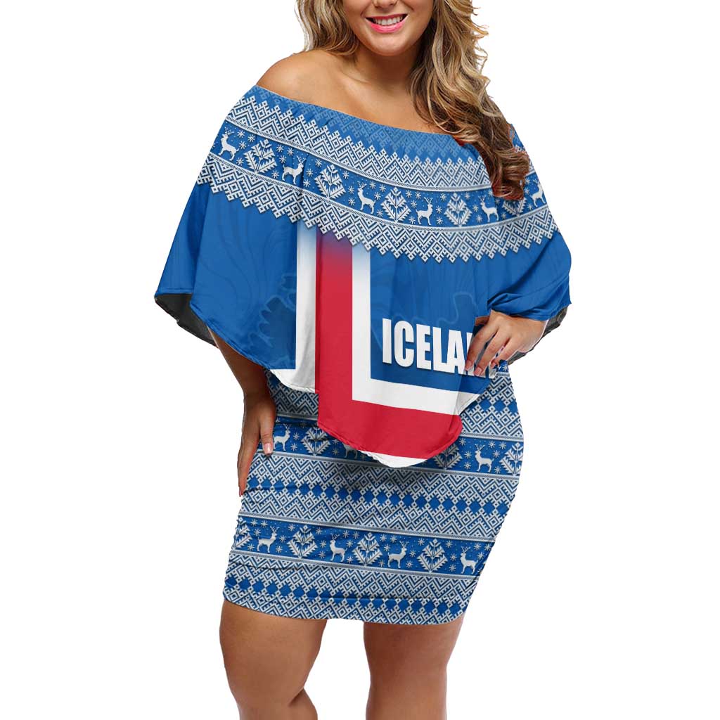 Iceland Flag Off Shoulder Short Dress with Icelandic Crest and Traditional Nordic Knit Pattern Design
