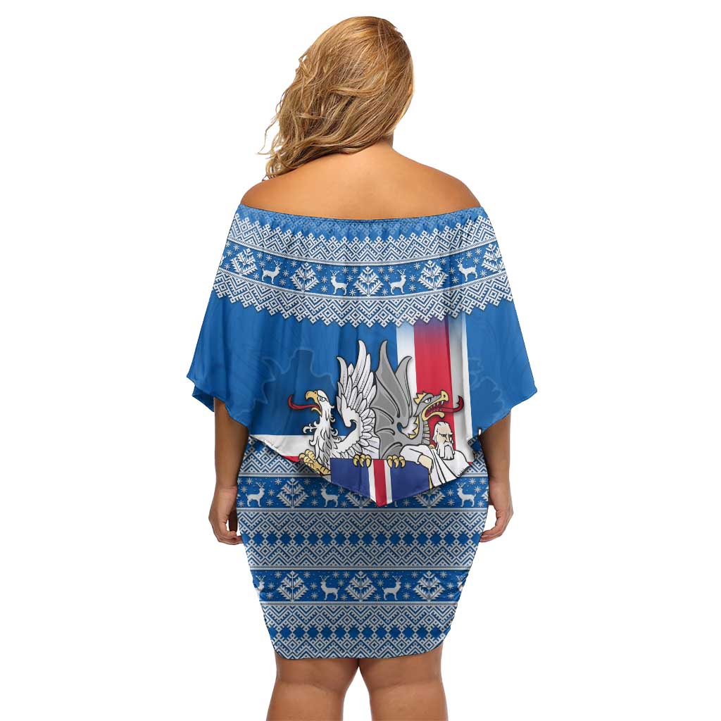 Iceland Flag Off Shoulder Short Dress with Icelandic Crest and Traditional Nordic Knit Pattern Design