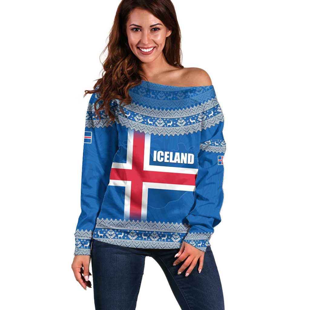 Iceland Flag Off Shoulder Sweater with Icelandic Crest and Traditional Nordic Knit Pattern Design
