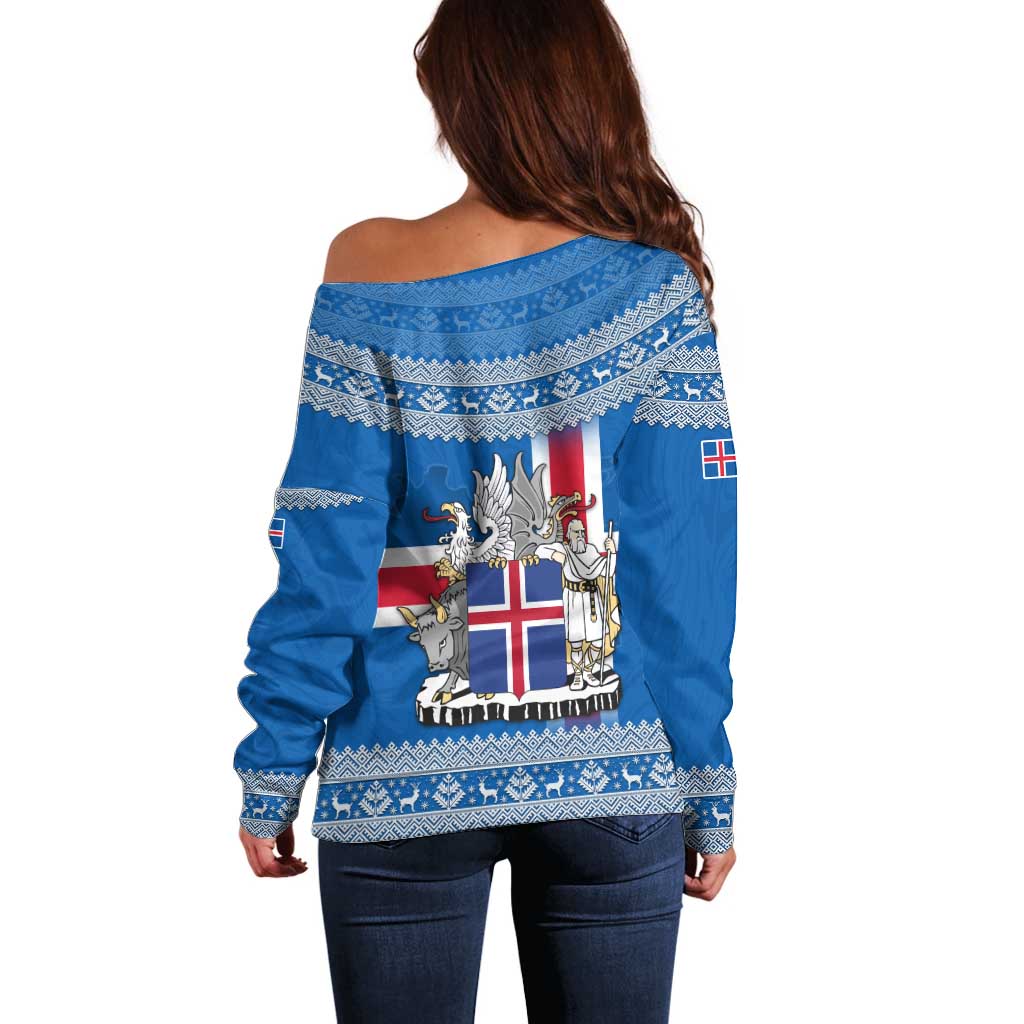 Iceland Flag Off Shoulder Sweater with Icelandic Crest and Traditional Nordic Knit Pattern Design