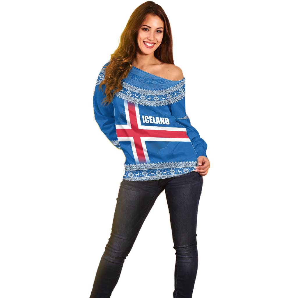 Iceland Flag Off Shoulder Sweater with Icelandic Crest and Traditional Nordic Knit Pattern Design