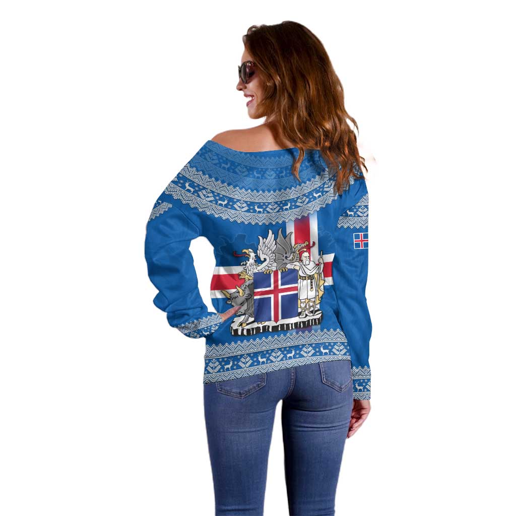 Iceland Flag Off Shoulder Sweater with Icelandic Crest and Traditional Nordic Knit Pattern Design
