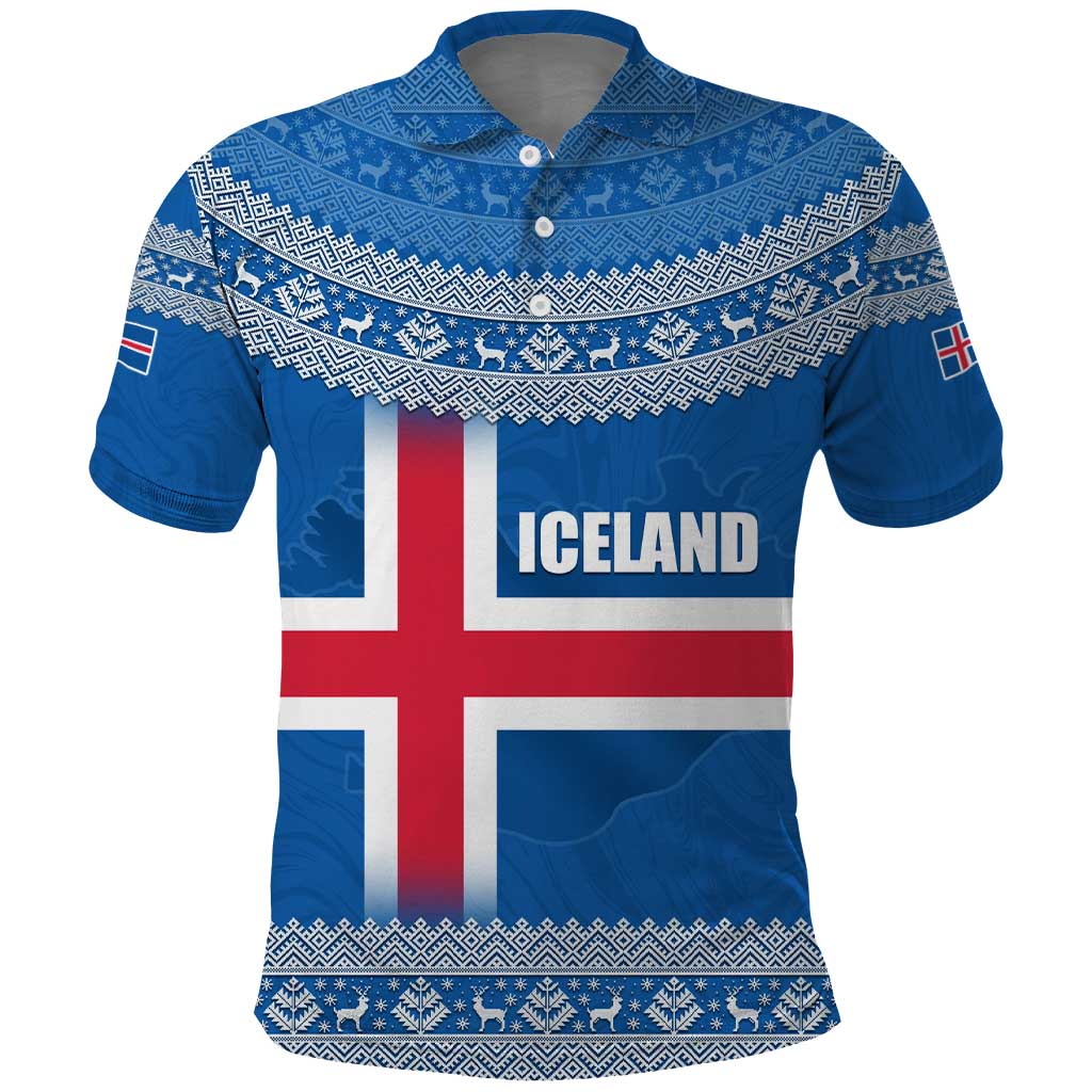 Iceland Flag Polo Shirt with Icelandic Crest and Traditional Nordic Knit Pattern Design
