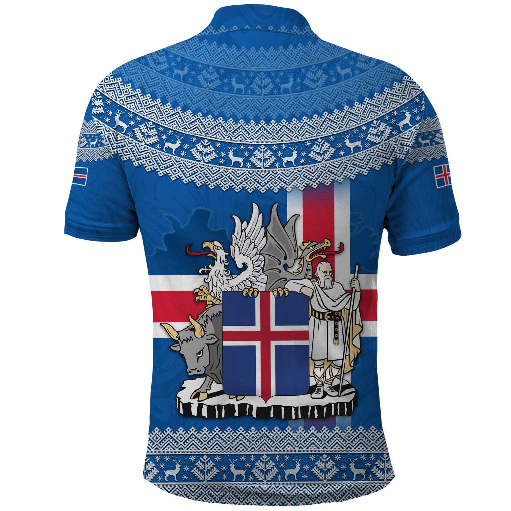 Iceland Flag Polo Shirt with Icelandic Crest and Traditional Nordic Knit Pattern Design