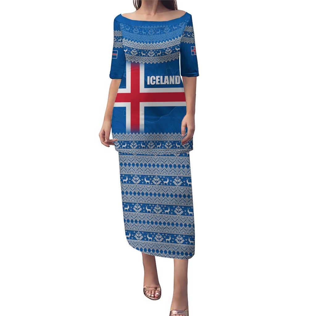Iceland Flag Puletasi with Icelandic Crest and Traditional Nordic Knit Pattern Design