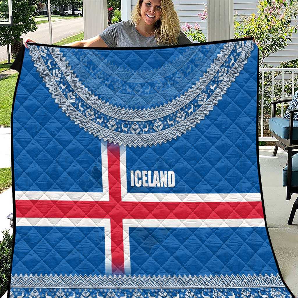 Iceland Flag Quilt with Icelandic Crest and Traditional Nordic Knit Pattern Design