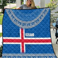 Iceland Flag Quilt with Icelandic Crest and Traditional Nordic Knit Pattern Design
