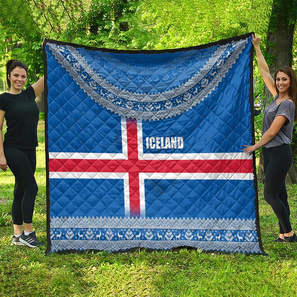 Iceland Flag Quilt with Icelandic Crest and Traditional Nordic Knit Pattern Design
