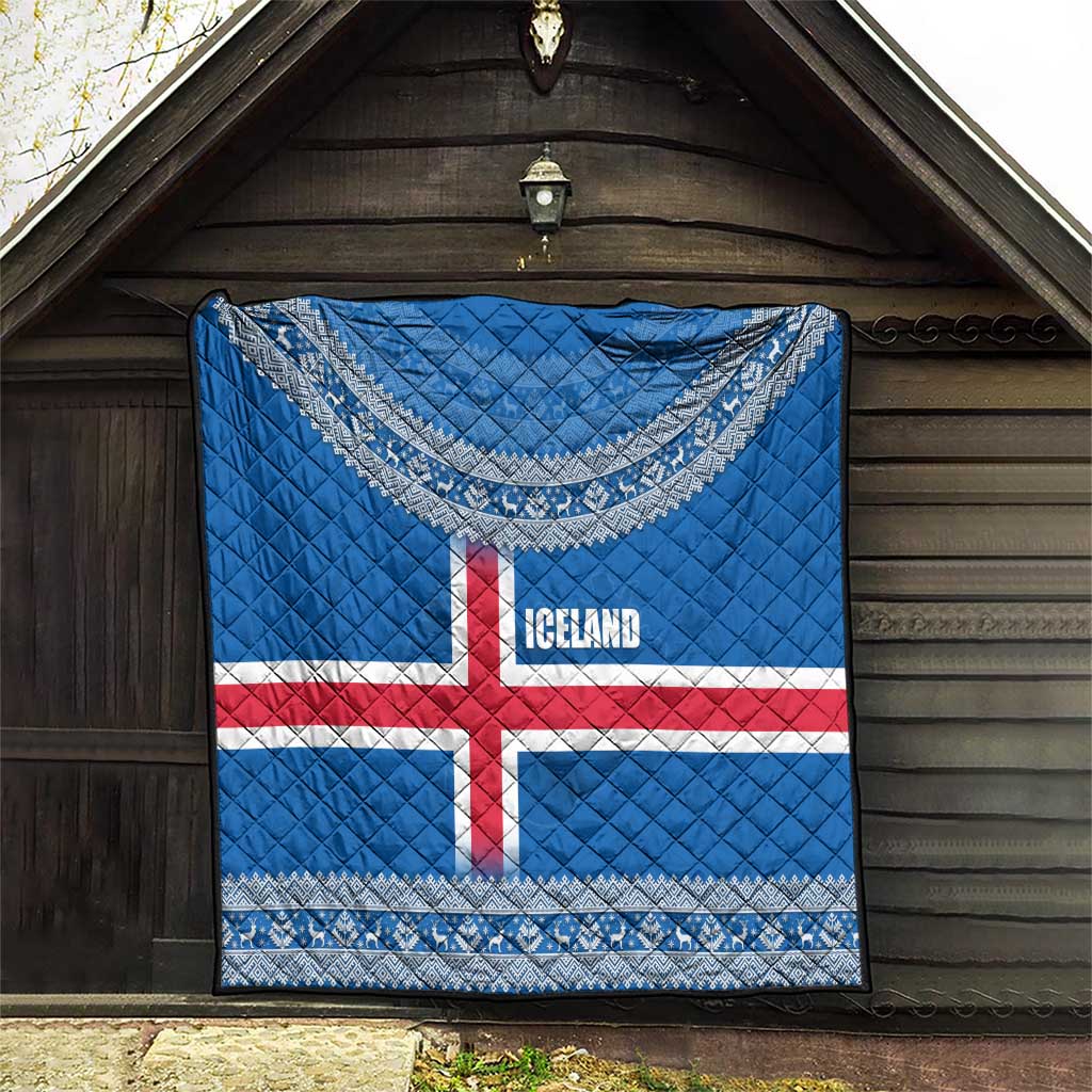 Iceland Flag Quilt with Icelandic Crest and Traditional Nordic Knit Pattern Design