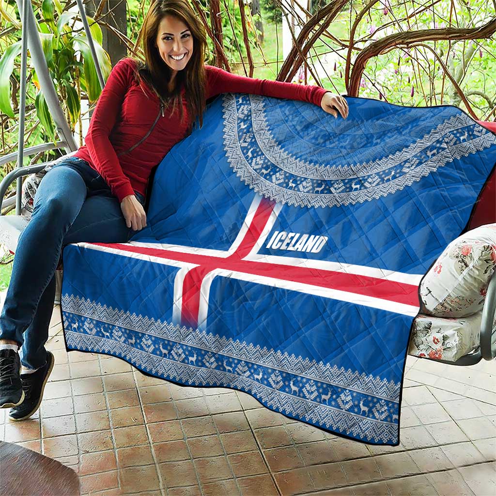 Iceland Flag Quilt with Icelandic Crest and Traditional Nordic Knit Pattern Design