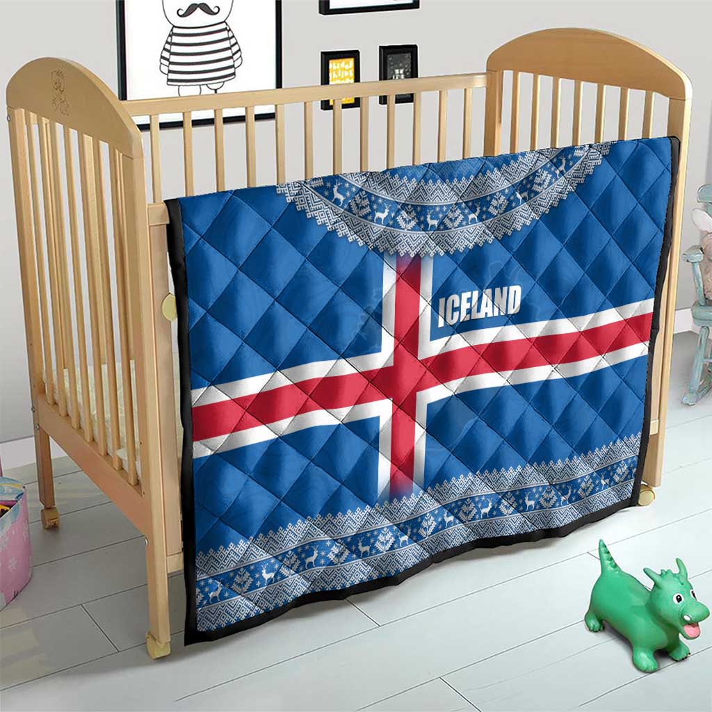 Iceland Flag Quilt with Icelandic Crest and Traditional Nordic Knit Pattern Design