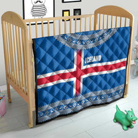 Iceland Flag Quilt with Icelandic Crest and Traditional Nordic Knit Pattern Design