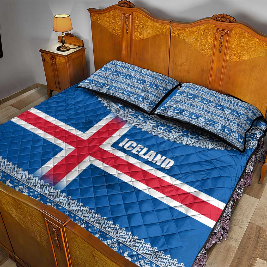Iceland Flag Quilt Bed Set with Icelandic Crest and Traditional Nordic Knit Pattern Design
