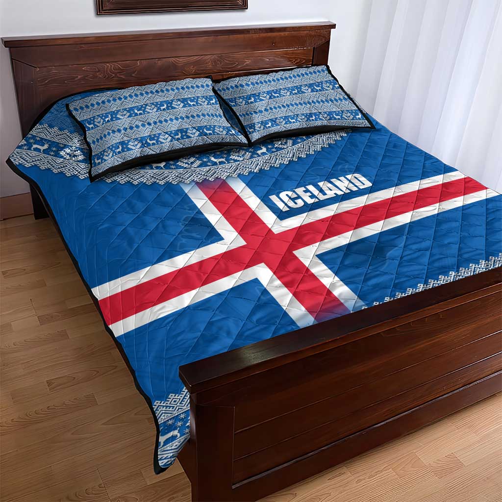 Iceland Flag Quilt Bed Set with Icelandic Crest and Traditional Nordic Knit Pattern Design