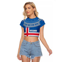Iceland Flag Raglan Cropped T Shirt with Icelandic Crest and Traditional Nordic Knit Pattern Design