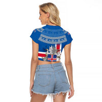 Iceland Flag Raglan Cropped T Shirt with Icelandic Crest and Traditional Nordic Knit Pattern Design