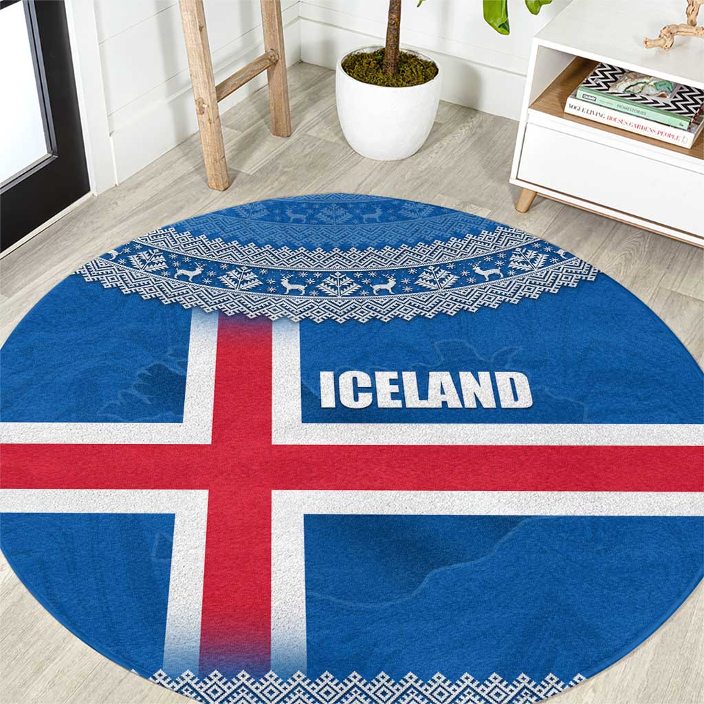 Iceland Flag Round Carpet with Icelandic Crest and Traditional Nordic Knit Pattern Design